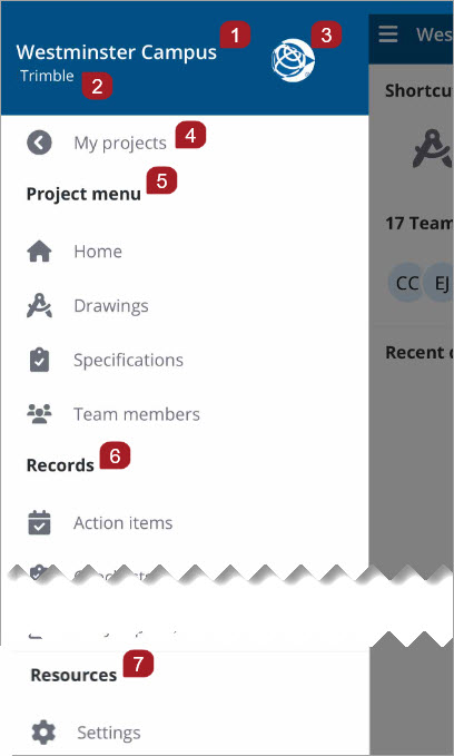 Project menu for open project
